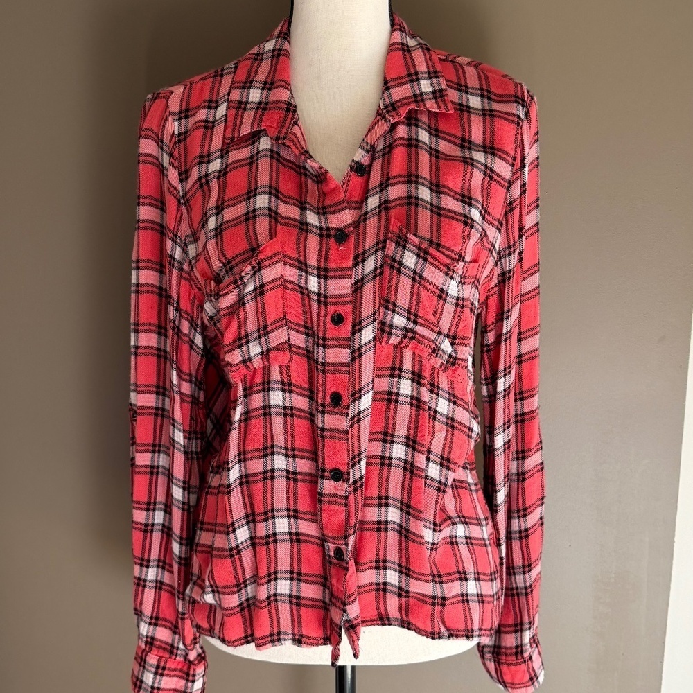 Stoosh Flannel Button Down Orange & Black Plaid, Roll up Sleeve, Size XL